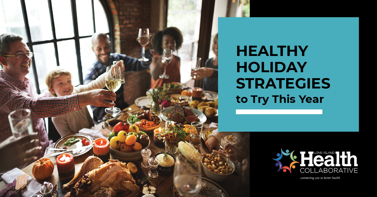 Healthy holiday strategies header featuring a family sh